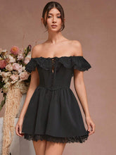 1pc Solid Color Off-Shoulder Ruffle Lace Splice Elegant Dress